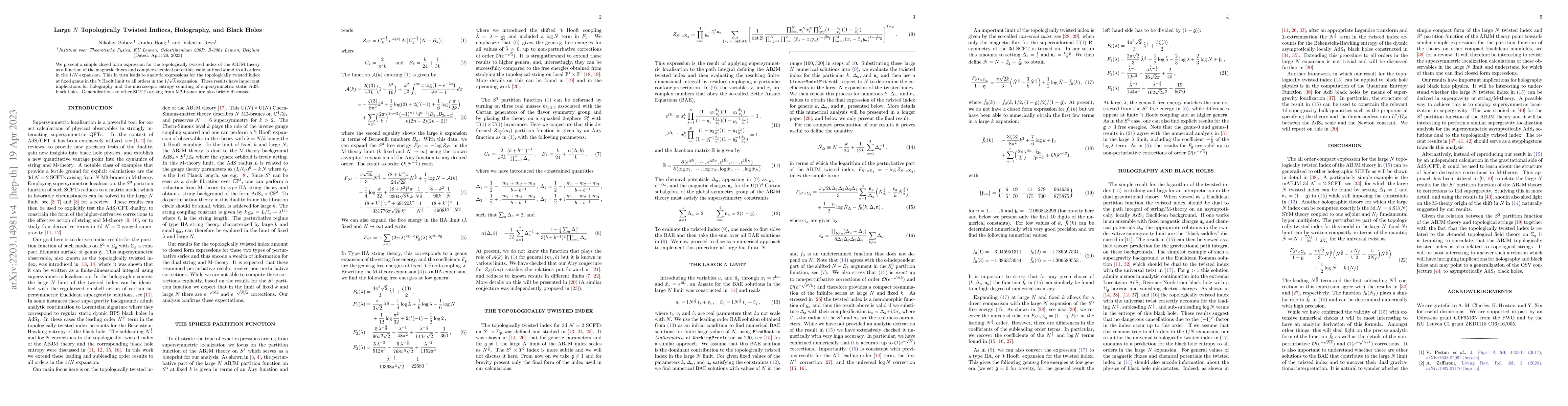 Thumbnail for Large $N$ Topologically Twisted Indices, Holography, and Black Holes