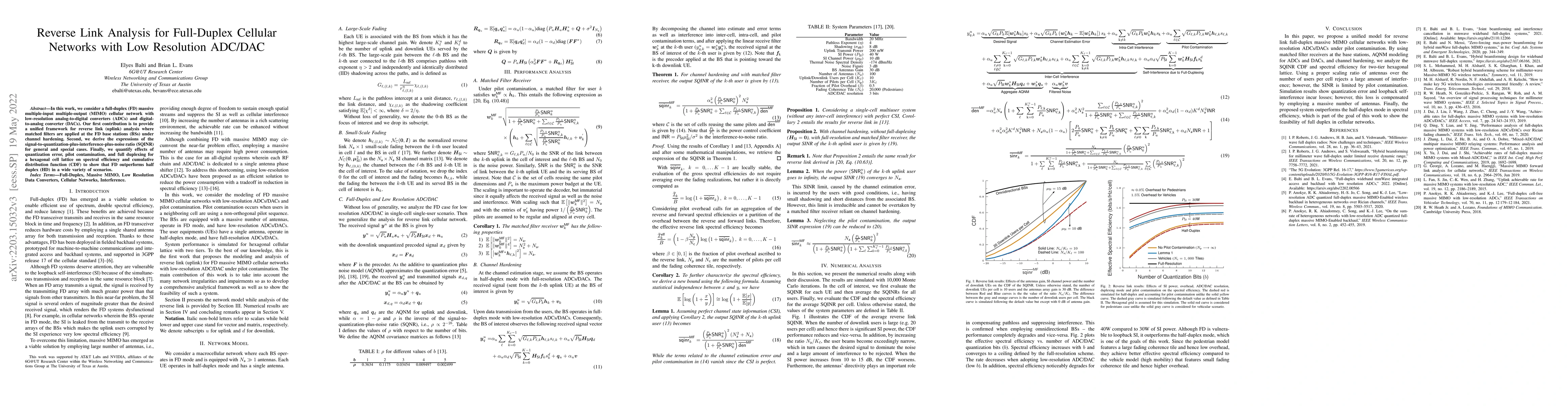 Thumbnail for Reverse Link Analysis for Full-Duplex Cellular Networks with Low
  Resolution ADC/DAC