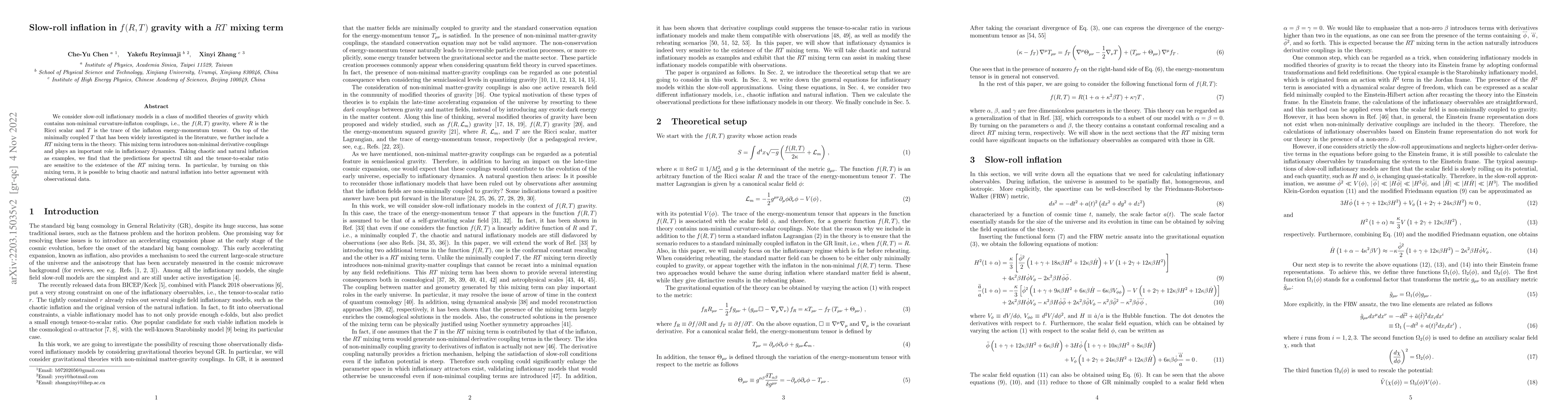 Thumbnail for Slow-roll inflation in $f(R,T)$ gravity with a $RT$ mixing term