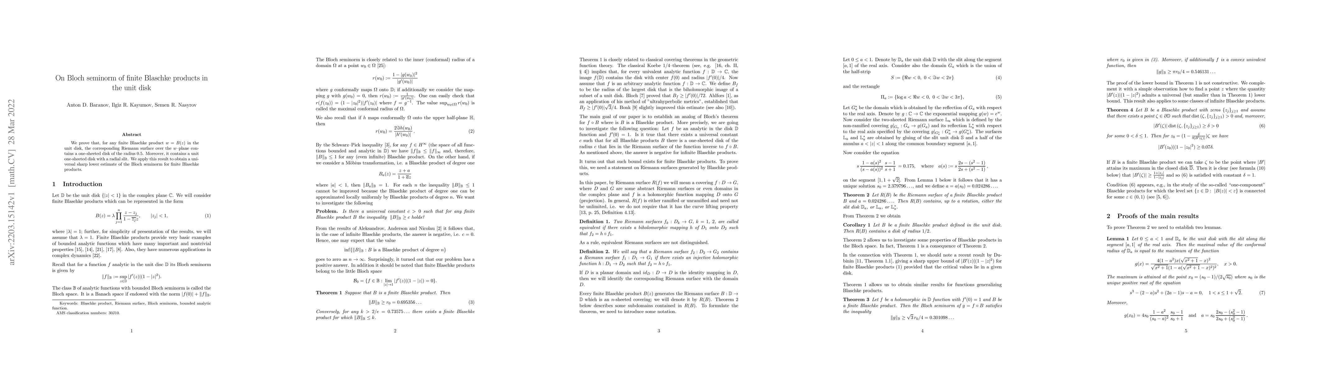 Thumbnail for On Bloch seminorm of finite Blaschke products in the unit disk