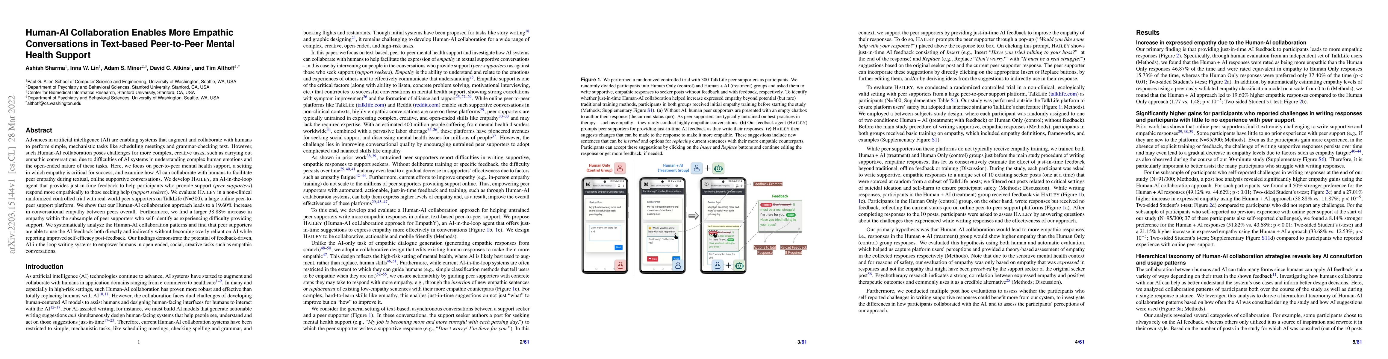 Thumbnail for Human-AI Collaboration Enables More Empathic Conversations in Text-based
  Peer-to-Peer Mental Health Support