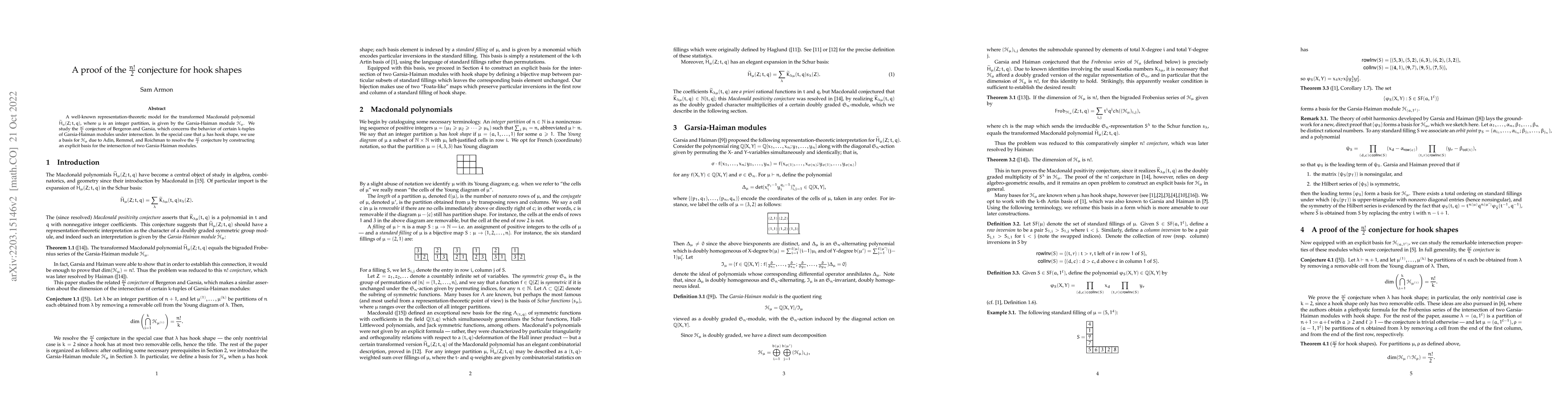 Thumbnail for A proof of the $\frac{n!}{2}$ conjecture for hook shapes