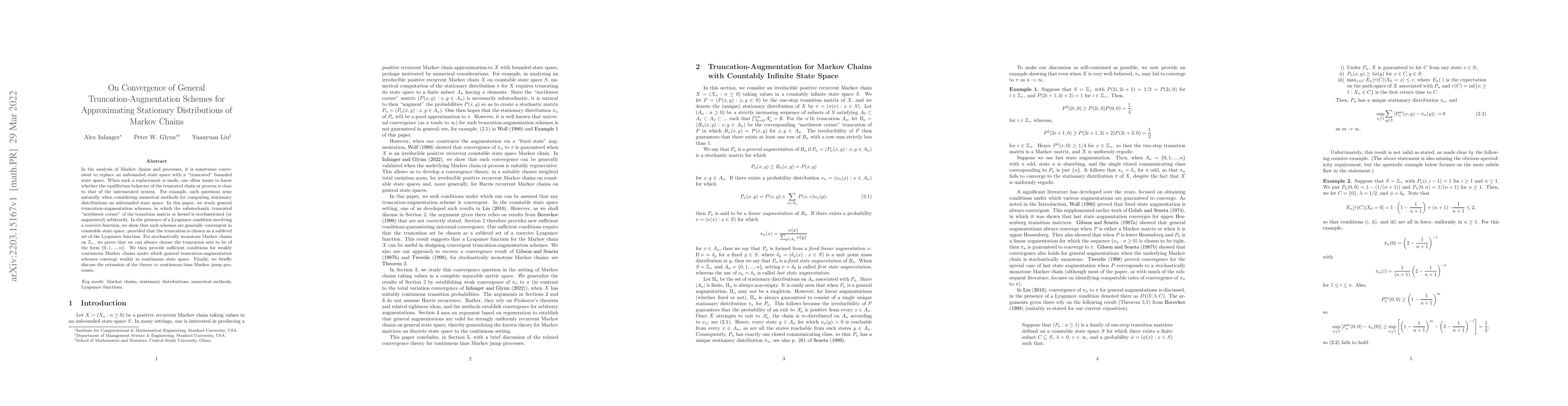 Thumbnail for On Convergence of General Truncation-Augmentation Schemes for
  Approximating Stationary Distributions of Markov Chains
