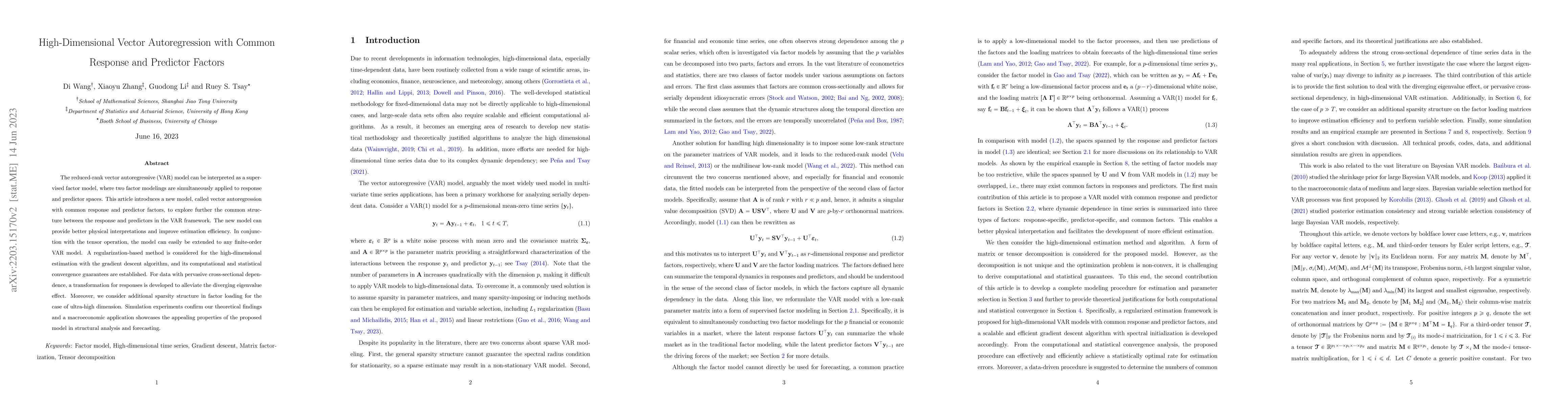 Thumbnail for High-Dimensional Vector Autoregression with Common Response and
  Predictor Factors