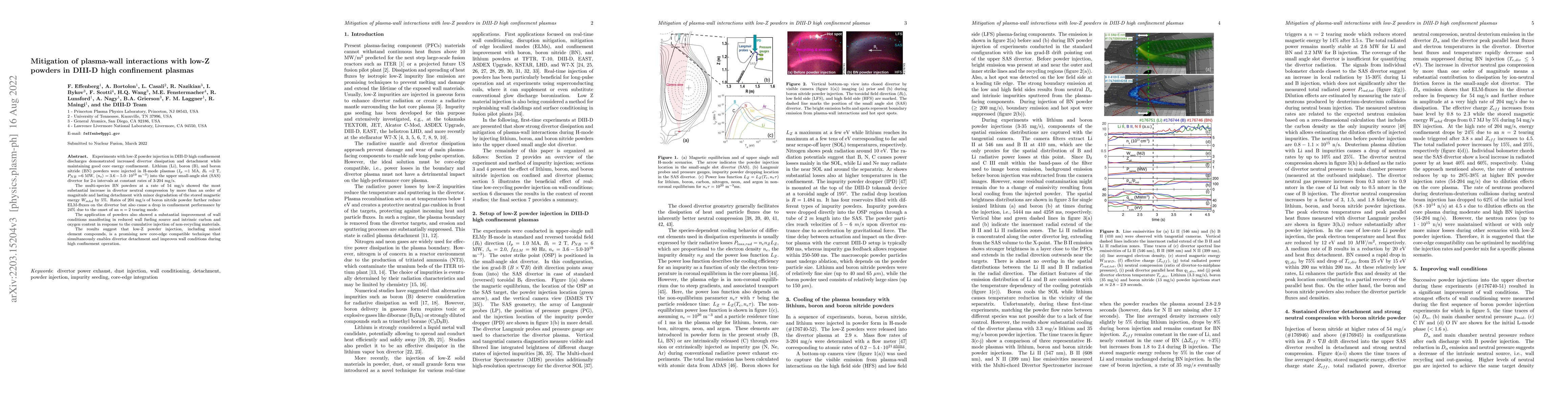 Thumbnail for Mitigation of plasma-wall interactions with low-Z powders in DIII-D high
  confinement plasmas