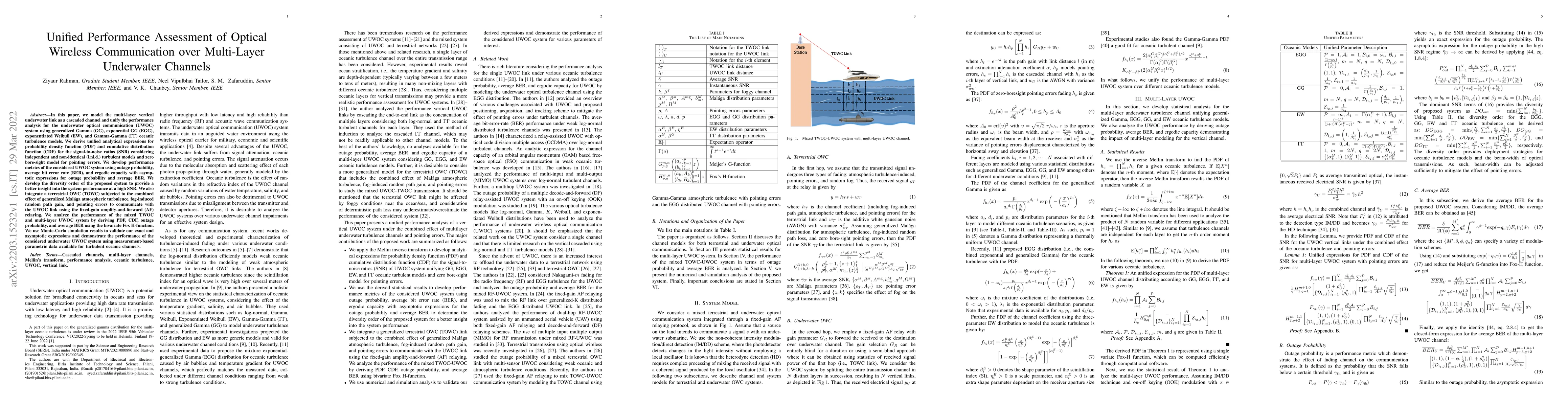 Thumbnail for Unified Performance Assessment of Optical Wireless Communication over
  Multi-Layer Underwater Channels