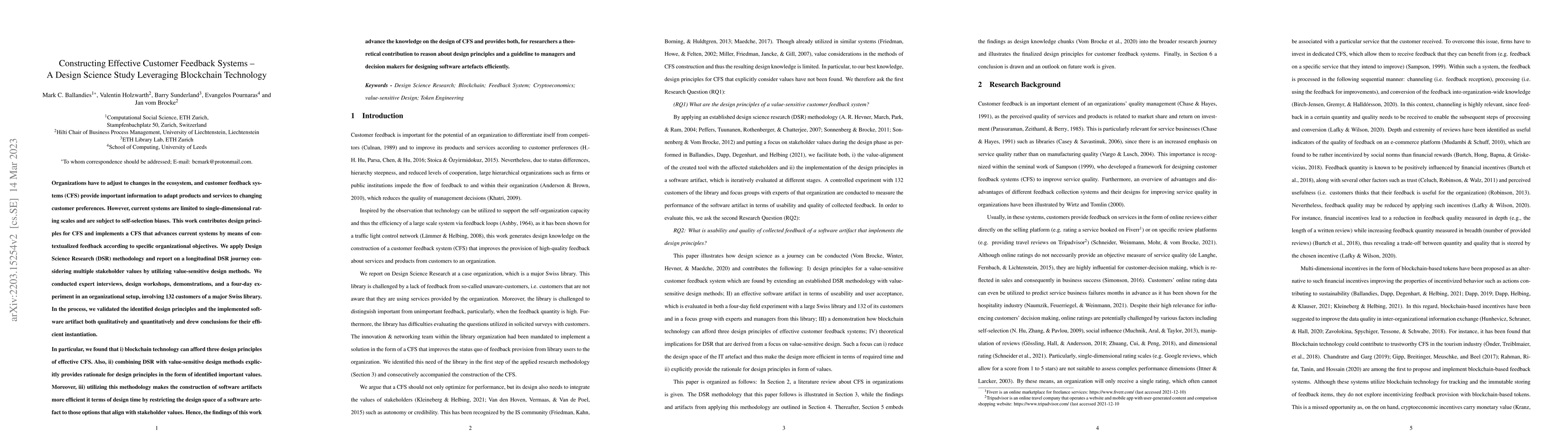 Thumbnail for Constructing Effective Customer Feedback Systems -- A Design Science
  Study Leveraging Blockchain Technology