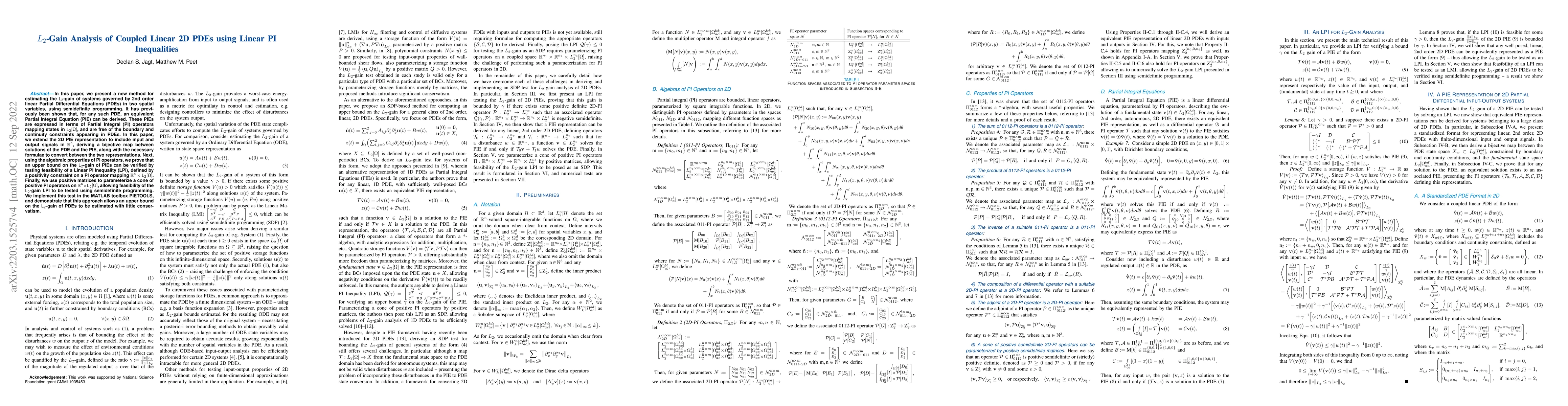 Thumbnail for $L_2$-Gain Analysis of Coupled Linear 2D PDEs using Linear PI
  Inequalities