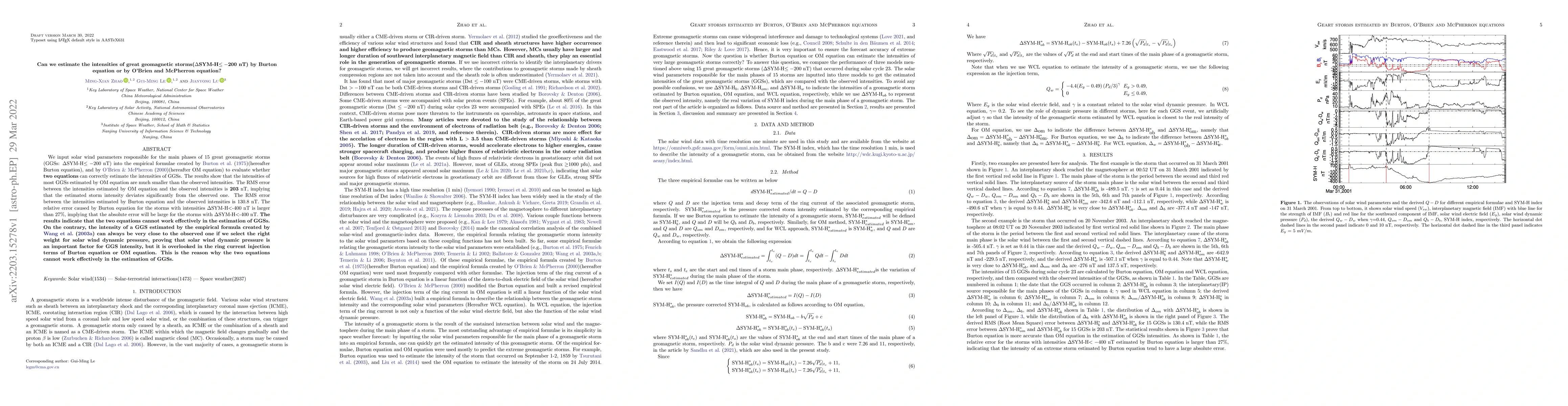 Thumbnail for Can we estimate the intensities of great geomagnetic
  storms($\Delta$SYM-H$\le -$200 nT) by Burton equation or by O'Brien and
  McPherron equation?