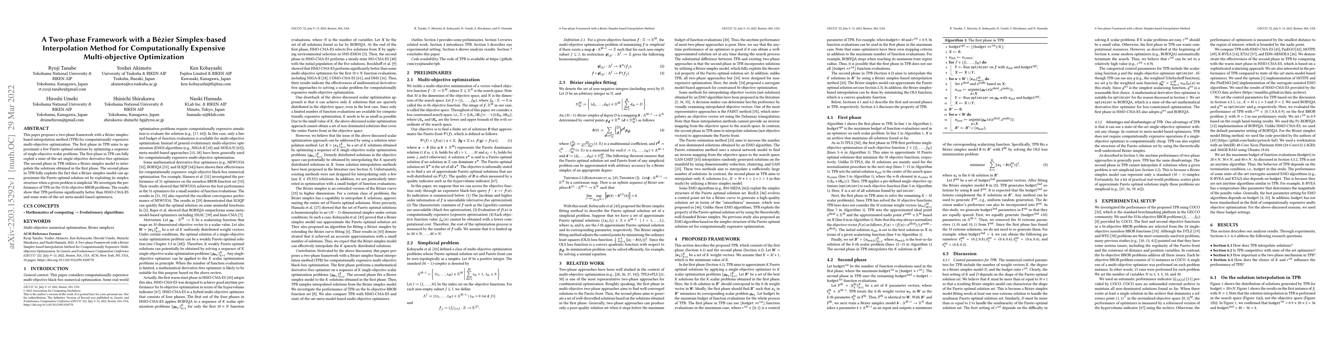 Thumbnail for A Two-phase Framework with a B\'{e}zier Simplex-based Interpolation
  Method for Computationally Expensive Multi-objective Optimization