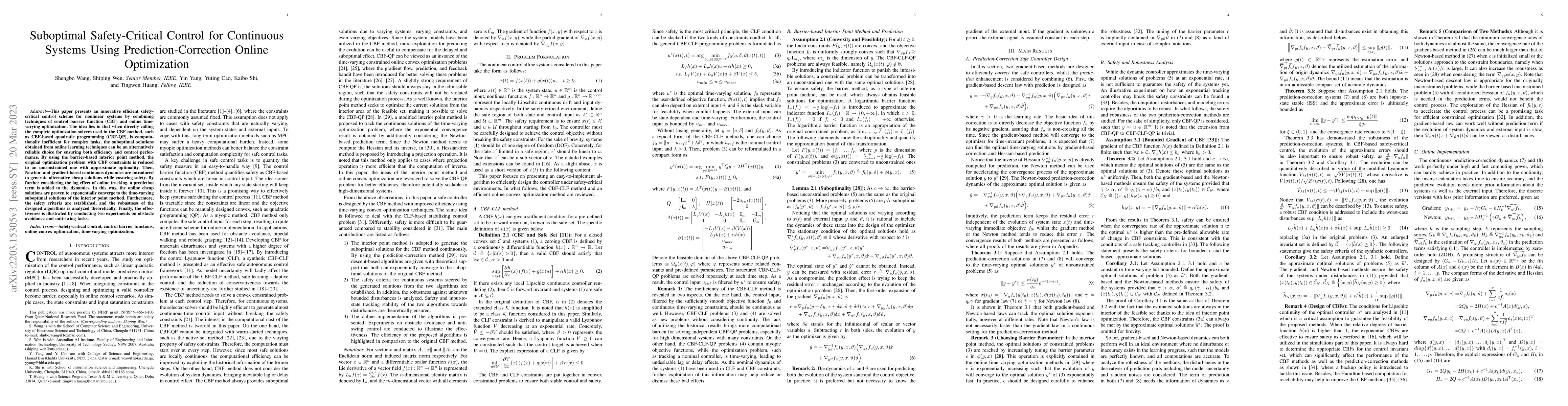 Thumbnail for Suboptimal Safety-Critical Control for Continuous Systems Using
  Prediction-Correction Online Optimization