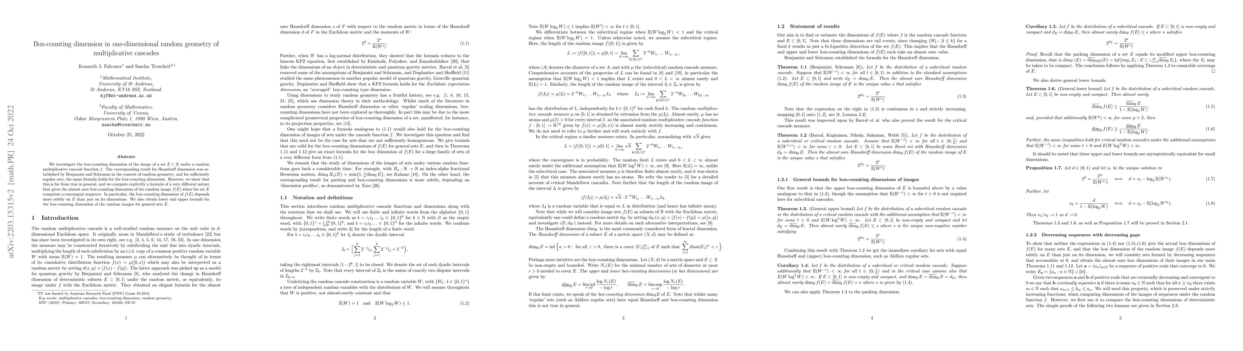 Thumbnail for Box-counting dimension in one-dimensional random geometry of
  multiplicative cascades