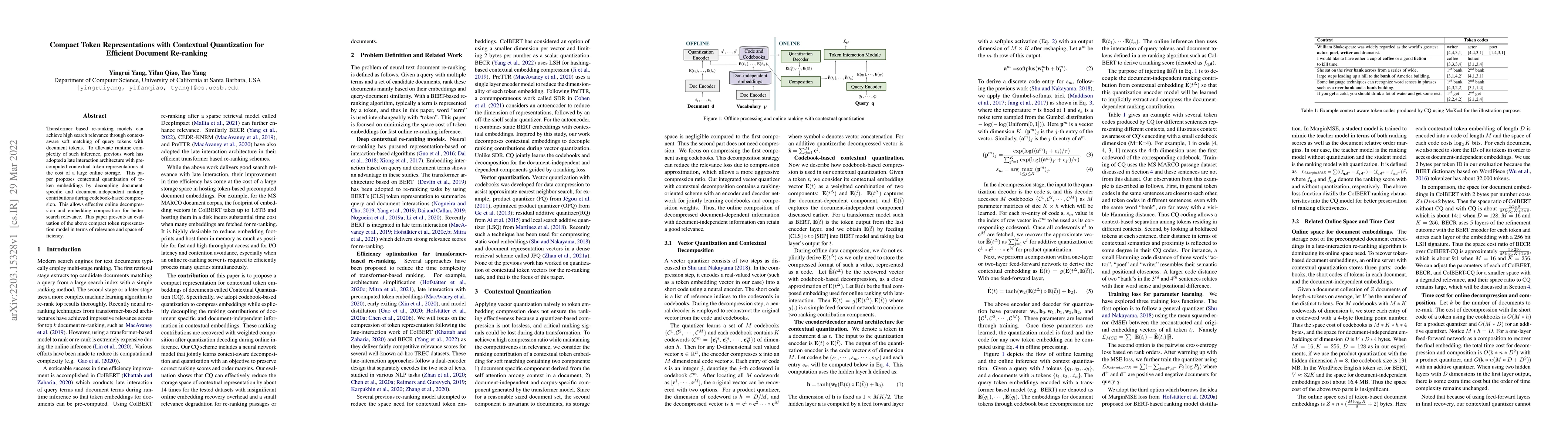 Thumbnail for Compact Token Representations with Contextual Quantization for Efficient
  Document Re-ranking