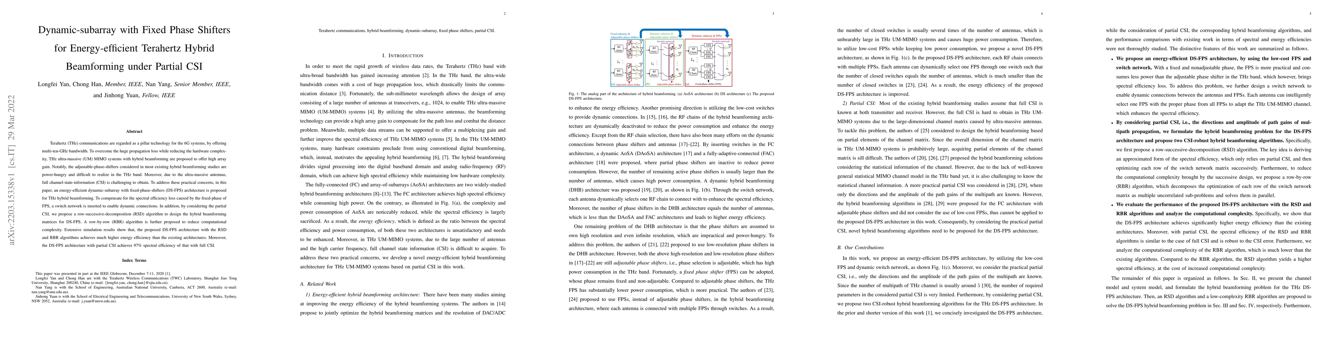 Thumbnail for Dynamic-subarray with Fixed Phase Shifters for Energy-efficient
  Terahertz Hybrid Beamforming under Partial CSI