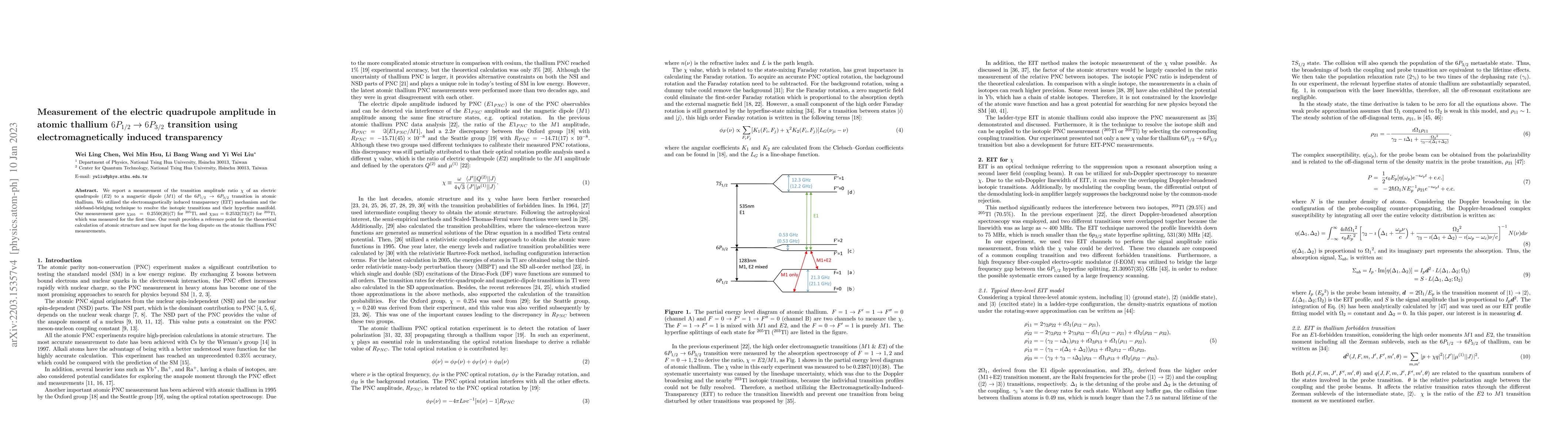 Thumbnail for Measurement of the electric quadrupole amplitude in atomic thallium
  $6P_{1/2}\rightarrow6P_{3/2}$ transition using electromagnetically induced
  transparency
