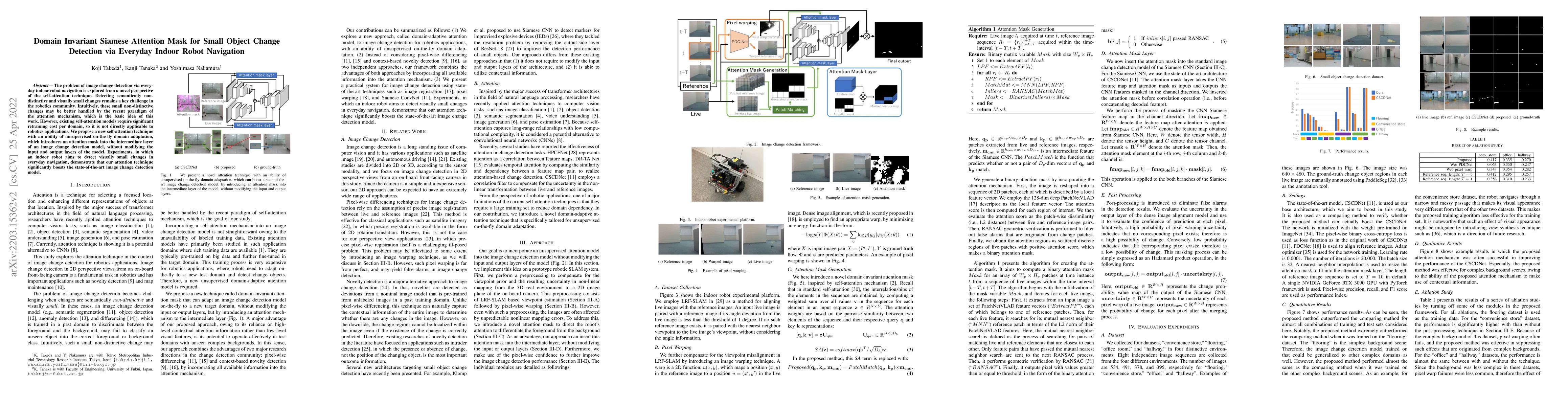 Thumbnail for Domain Invariant Siamese Attention Mask for Small Object Change
  Detection via Everyday Indoor Robot Navigation