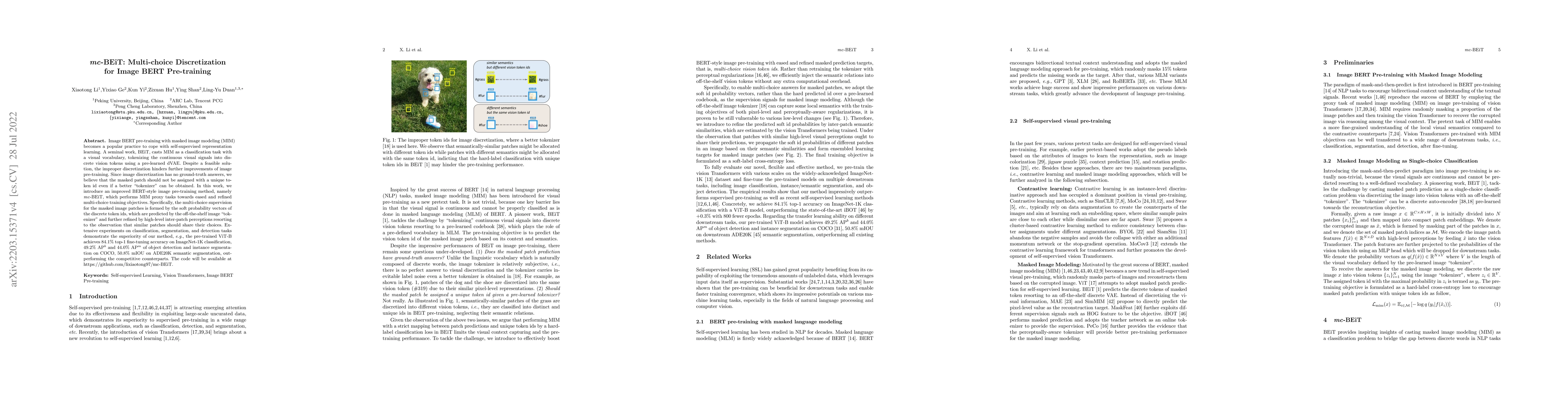 Thumbnail for mc-BEiT: Multi-choice Discretization for Image BERT Pre-training