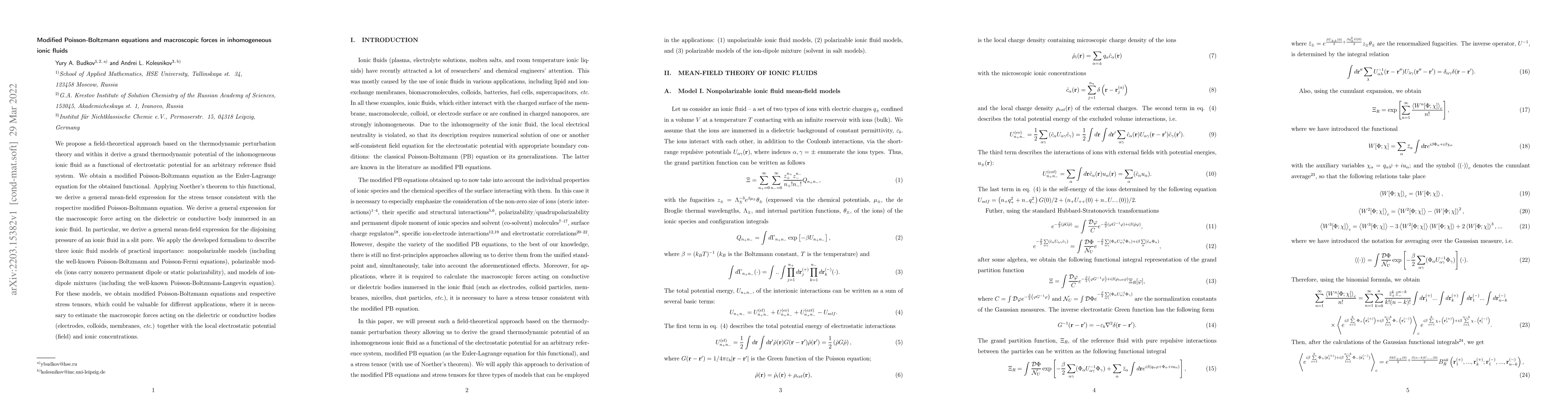 Thumbnail for Modified Poisson-Boltzmann equations and macroscopic forces in
  inhomogeneous ionic fluids