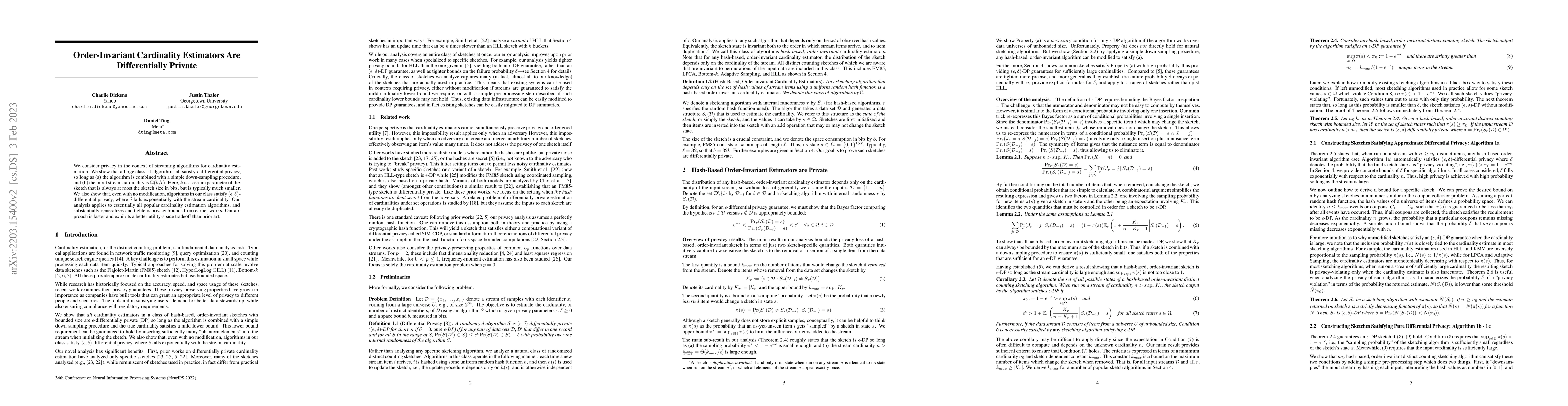 Thumbnail for Order-Invariant Cardinality Estimators Are Differentially Private