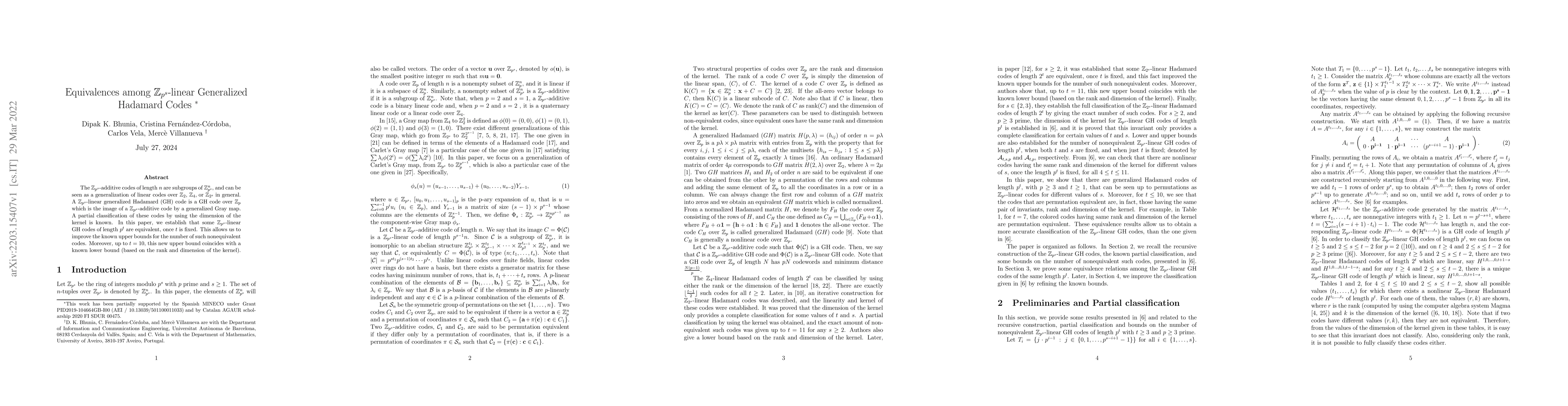 Thumbnail for Equivalences among Z_{p^s}-linear Generalized Hadamard Codes