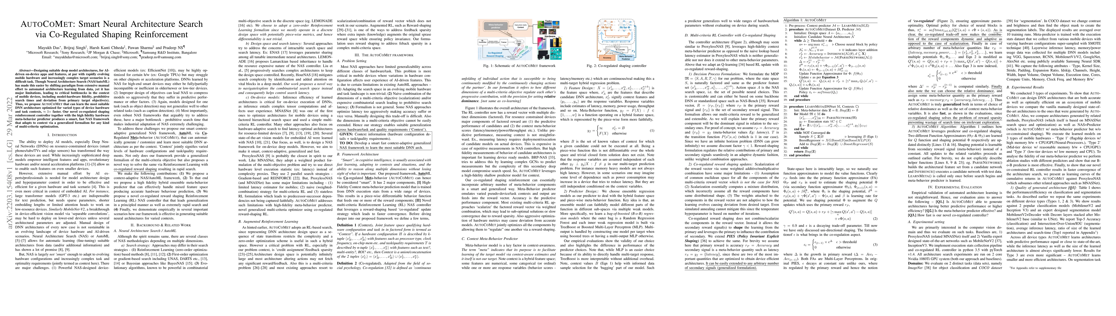 Thumbnail for AutoCoMet: Smart Neural Architecture Search via Co-Regulated Shaping
  Reinforcement