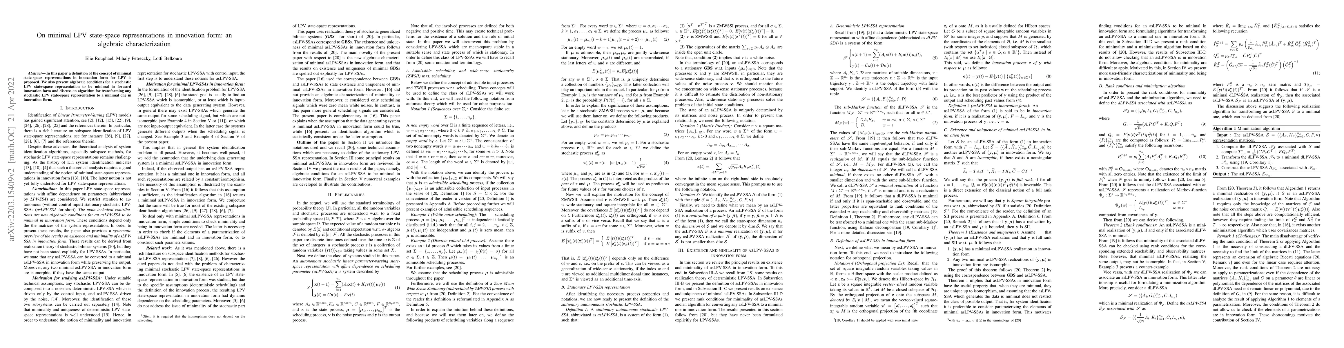 Thumbnail for On minimal LPV state-space representations in innovation form: an
  algebraic characterization