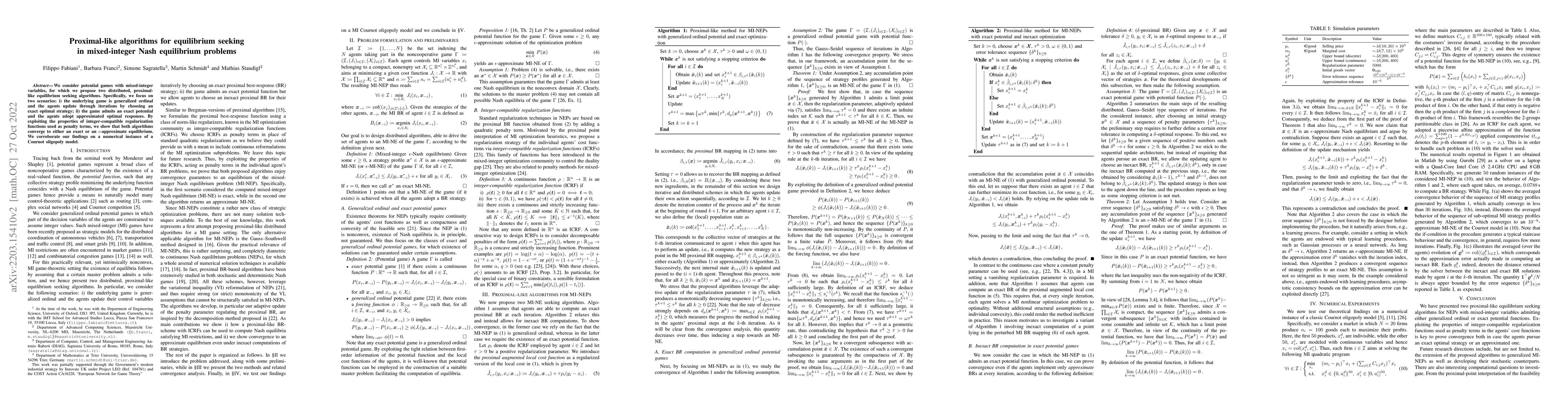 Thumbnail for Proximal-like algorithms for equilibrium seeking in mixed-integer Nash
  equilibrium problems