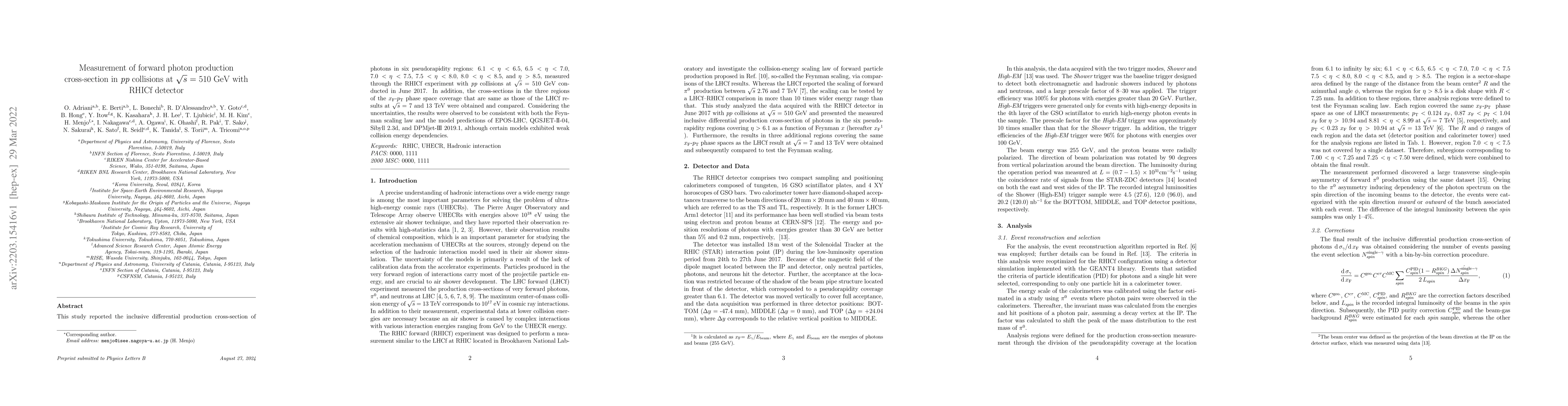 Thumbnail for Measurement of forward photon production cross-section in pp collisions
  at $\sqrt{s}$ = 510 GeV with RHICf detector