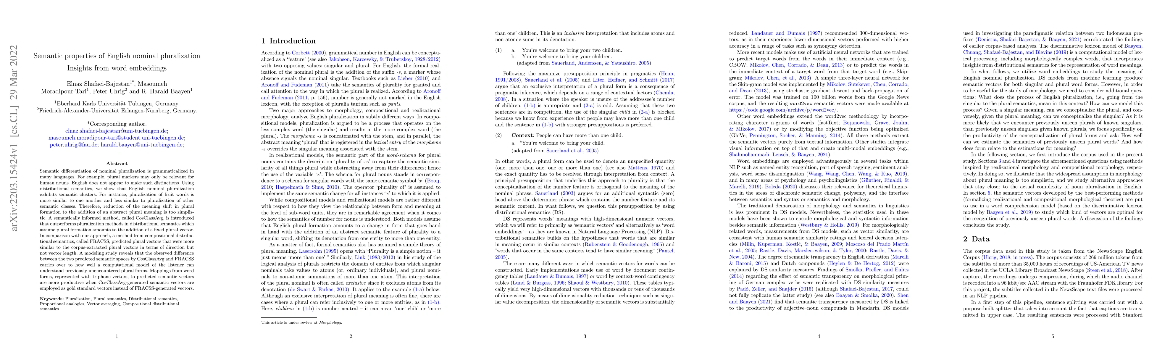 Thumbnail for Semantic properties of English nominal pluralization: Insights from word
  embeddings