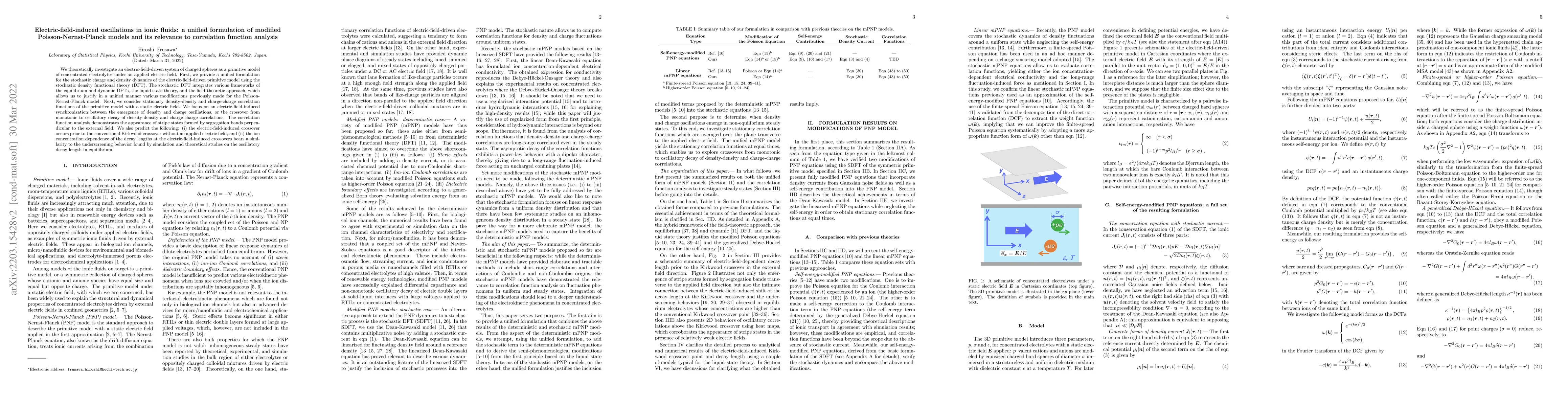Thumbnail for Electric-field-induced oscillations in ionic fluids: a unified
  formulation of modified Poisson-Nernst-Planck models and its relevance to
  correlation function analysis