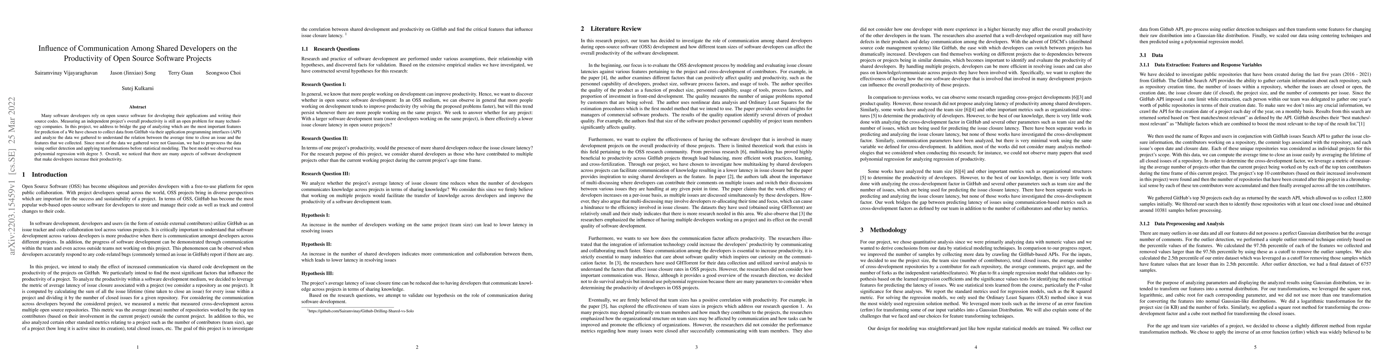 Thumbnail for Influence of Communication Among Shared Developers on the Productivity
  of Open Source Software Projects