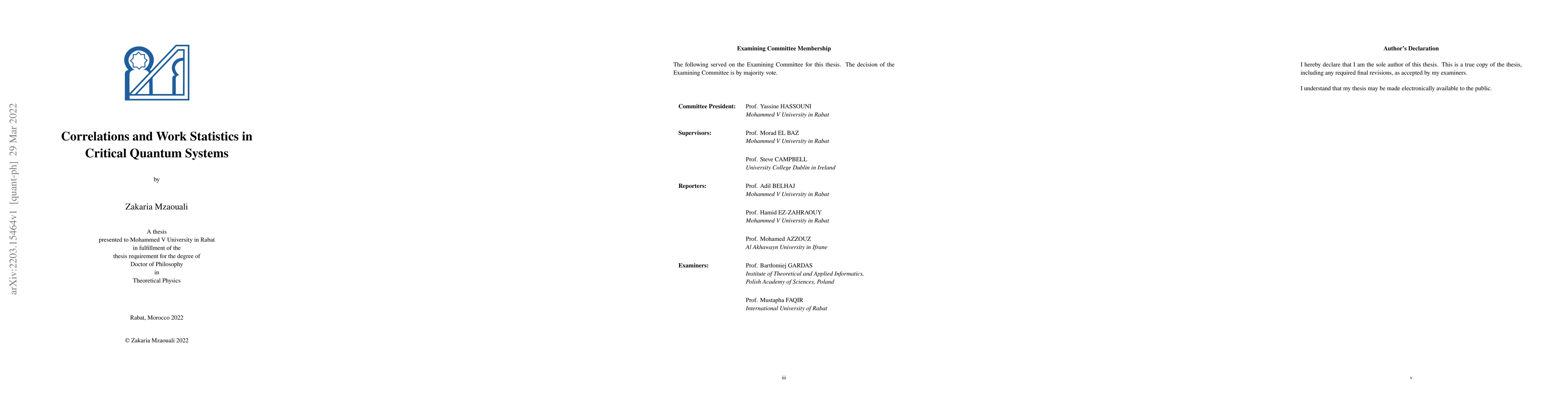 Thumbnail for Correlations and Work Statistics in Critical Quantum Systems