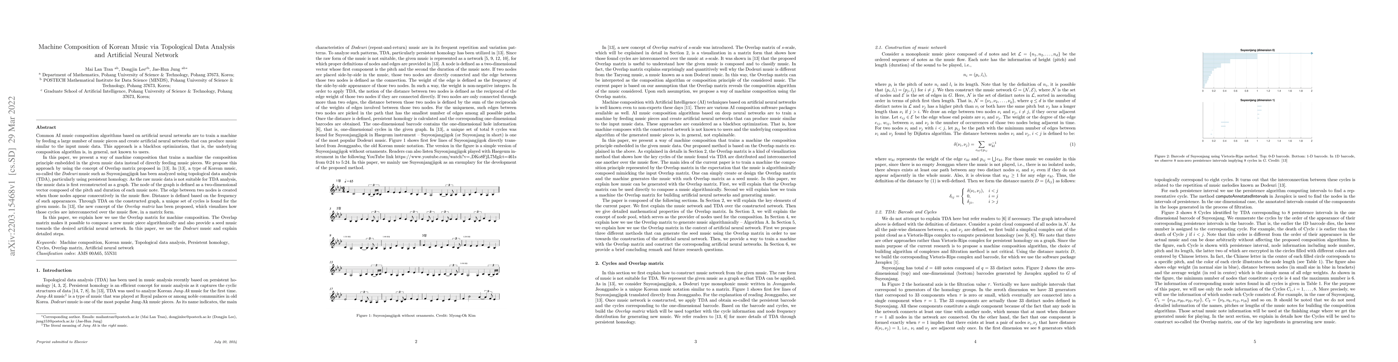 Thumbnail for Machine Composition of Korean Music via Topological Data Analysis and
  Artificial Neural Network
