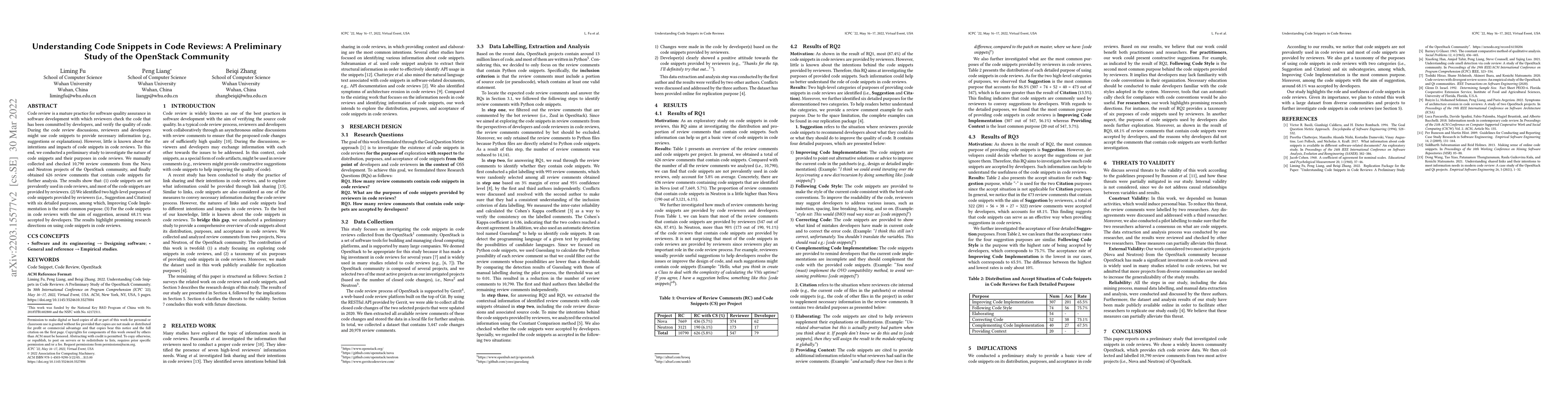 Thumbnail for Understanding Code Snippets in Code Reviews: A Preliminary Study of the
  OpenStack Community