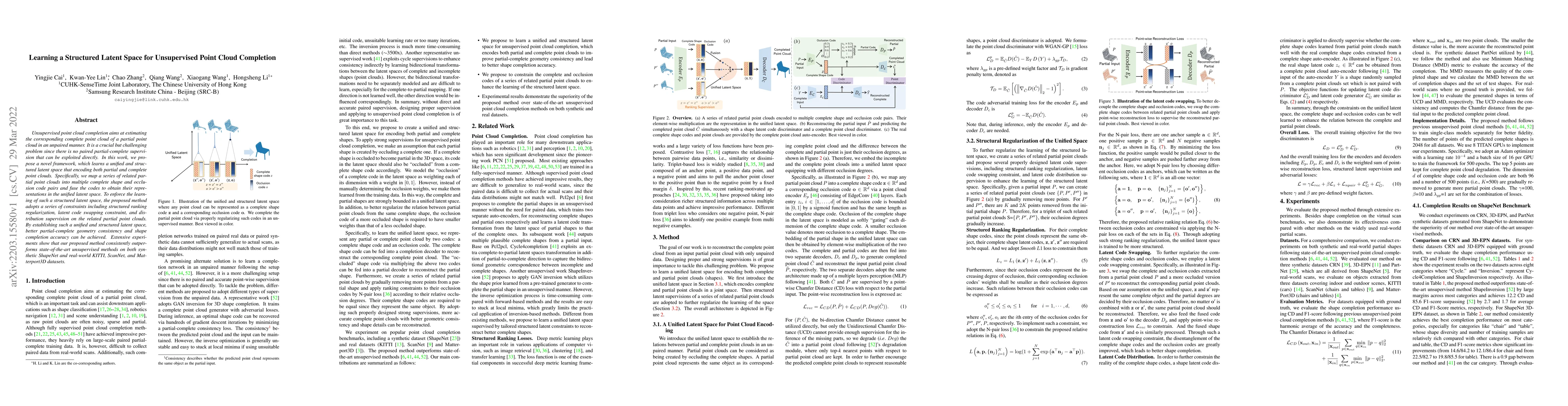 Thumbnail for Learning a Structured Latent Space for Unsupervised Point Cloud
  Completion