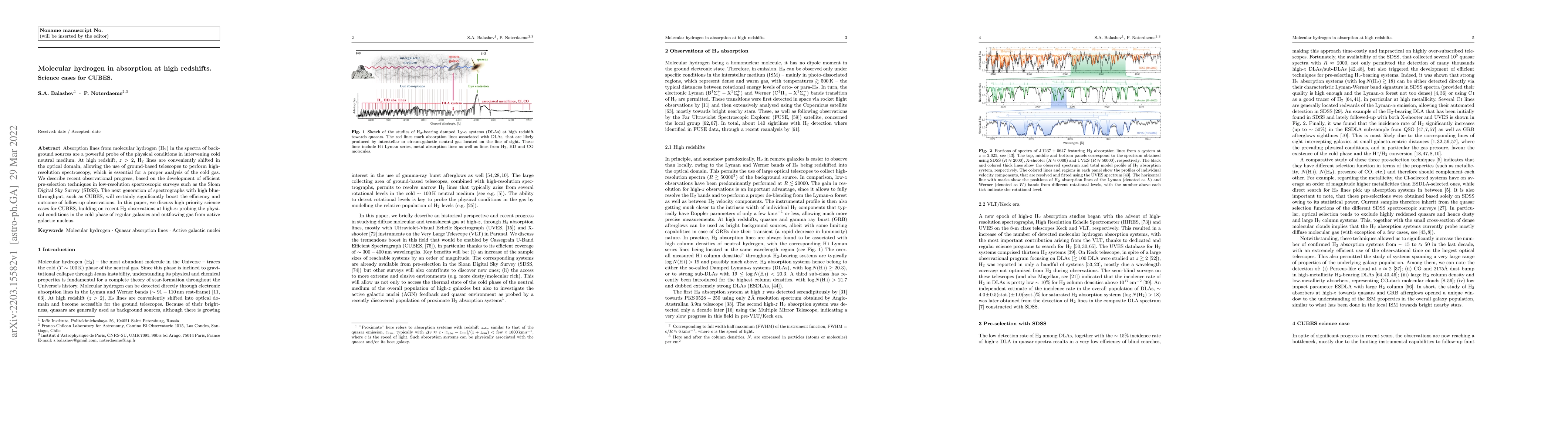 Thumbnail for Molecular hydrogen in absorption at high redshifts. Science cases for
  CUBES