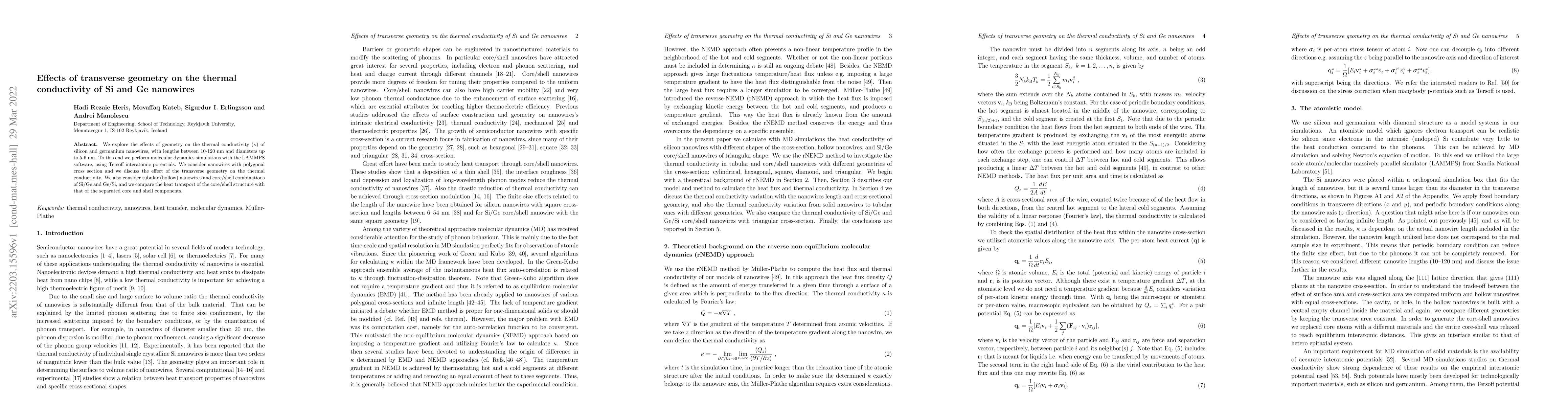 Thumbnail for Effects of transverse geometry on the thermal conductivity of Si and Ge
  nanowires