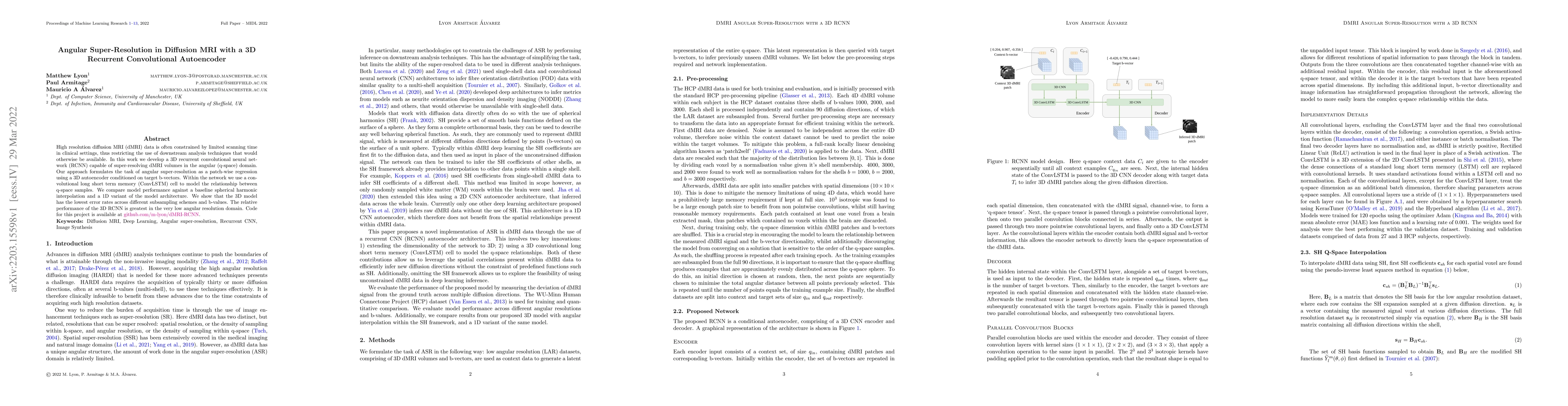 Thumbnail for Angular Super-Resolution in Diffusion MRI with a 3D Recurrent
  Convolutional Autoencoder