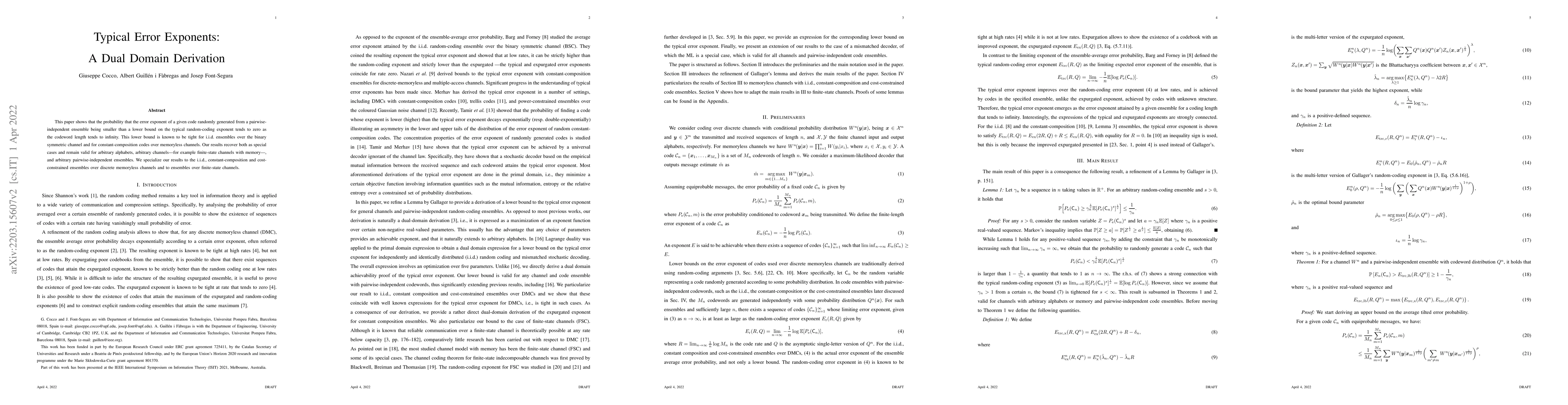 Thumbnail for Typical Error Exponents: A Dual Domain Derivation