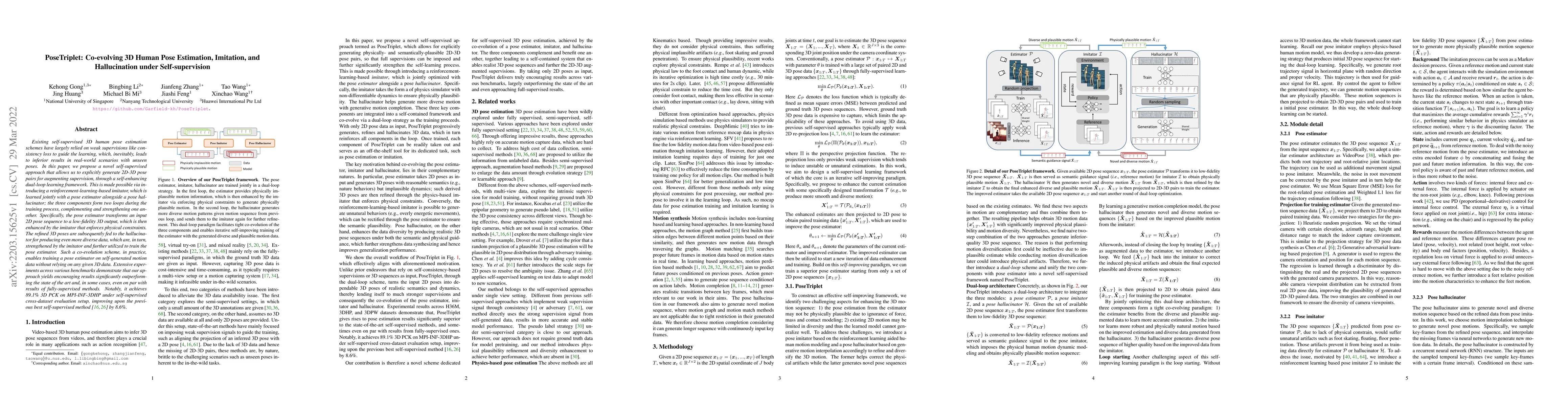 Thumbnail for PoseTriplet: Co-evolving 3D Human Pose Estimation, Imitation, and
  Hallucination under Self-supervision