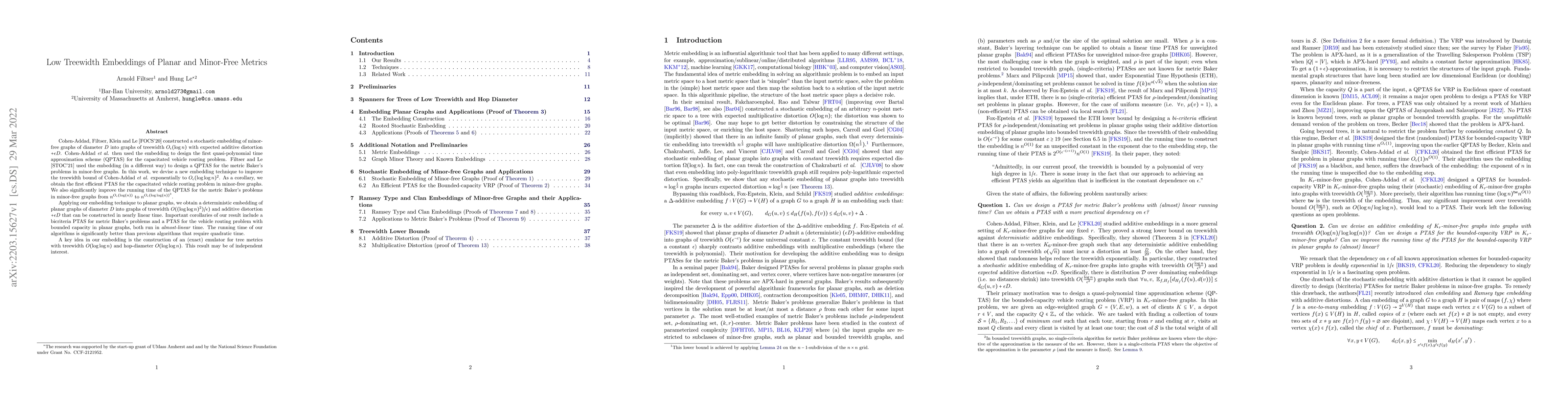 Thumbnail for Low Treewidth Embeddings of Planar and Minor-Free Metrics