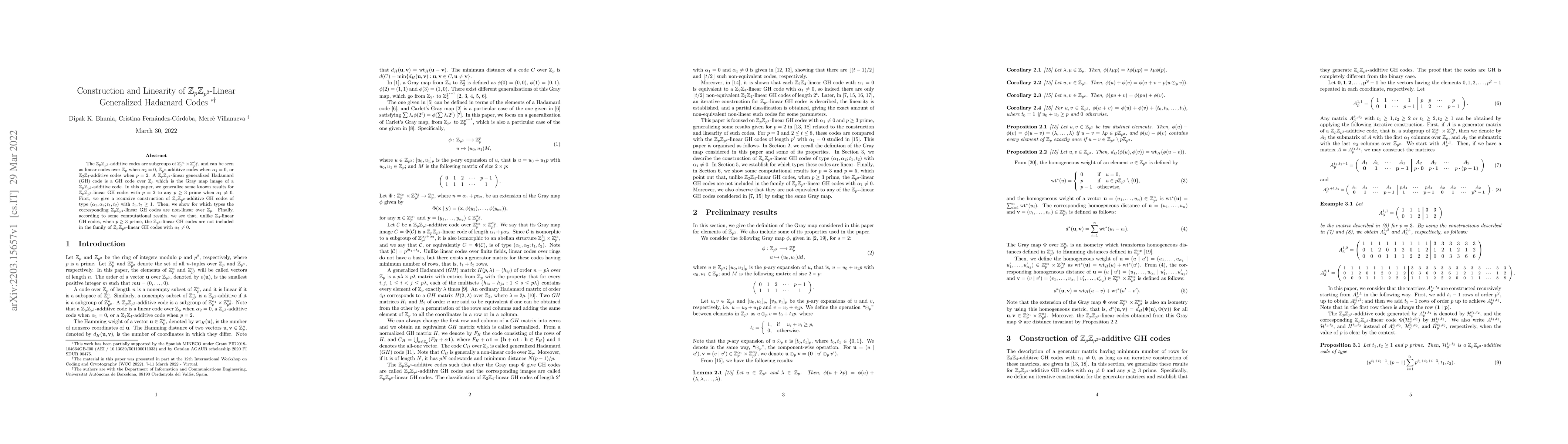 Thumbnail for Construction and Linearity of Z_pZ_{p^2}-Linear Generalized Hadamard
  Codes