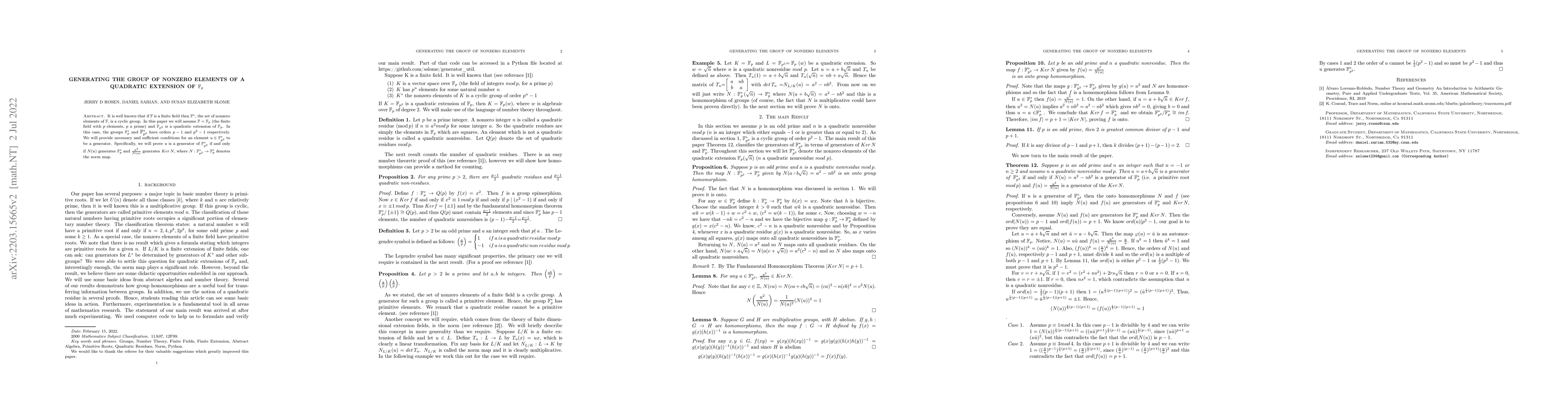 Thumbnail for Generating the Group of Nonzero Elements of a Quadratic Extension of
  $\mathbb{F}_{p}$