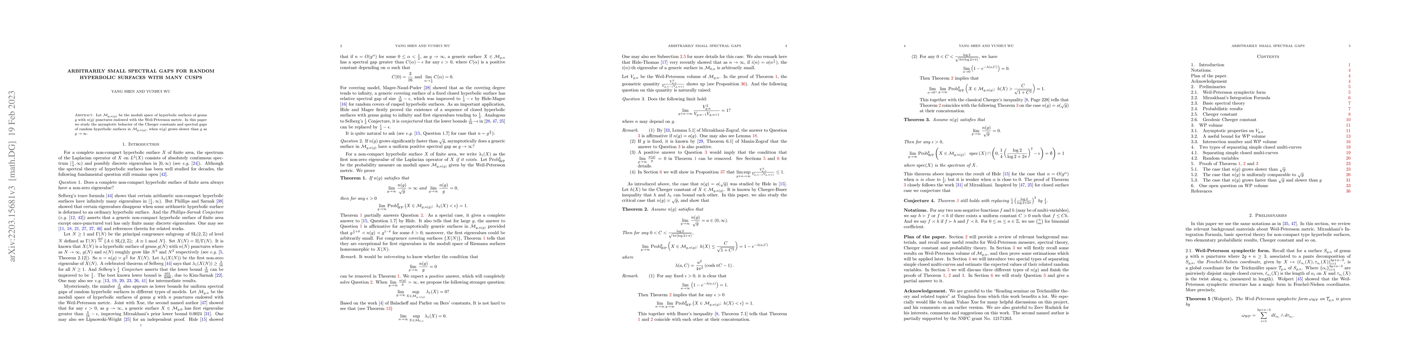 Thumbnail for Arbitrarily small spectral gaps for random hyperbolic surfaces with many
  cusps