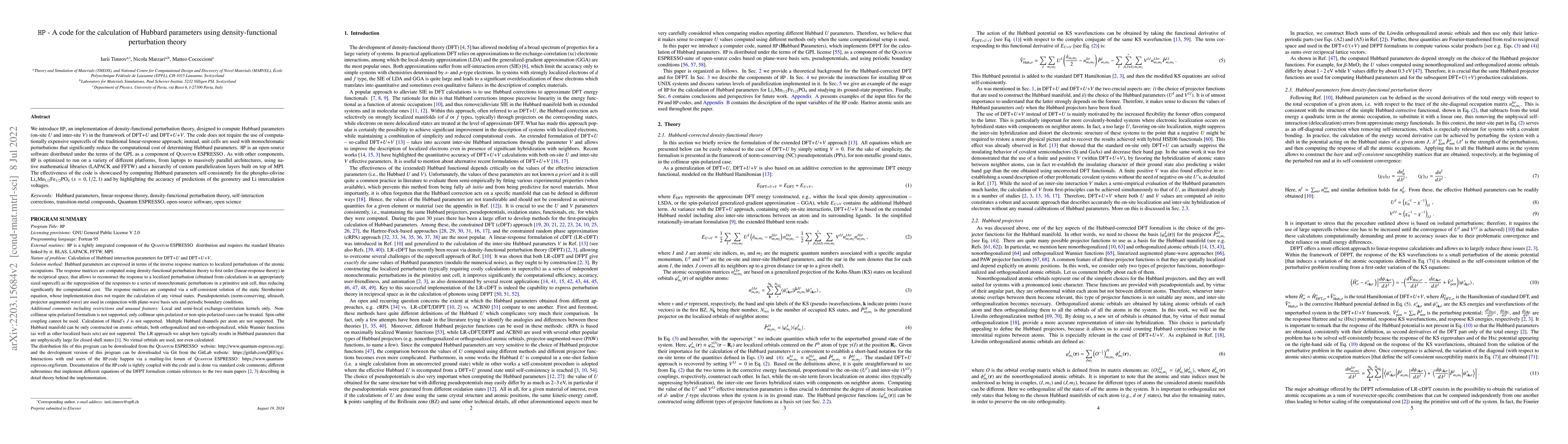 Thumbnail for HP -- A code for the calculation of Hubbard parameters using
  density-functional perturbation theory