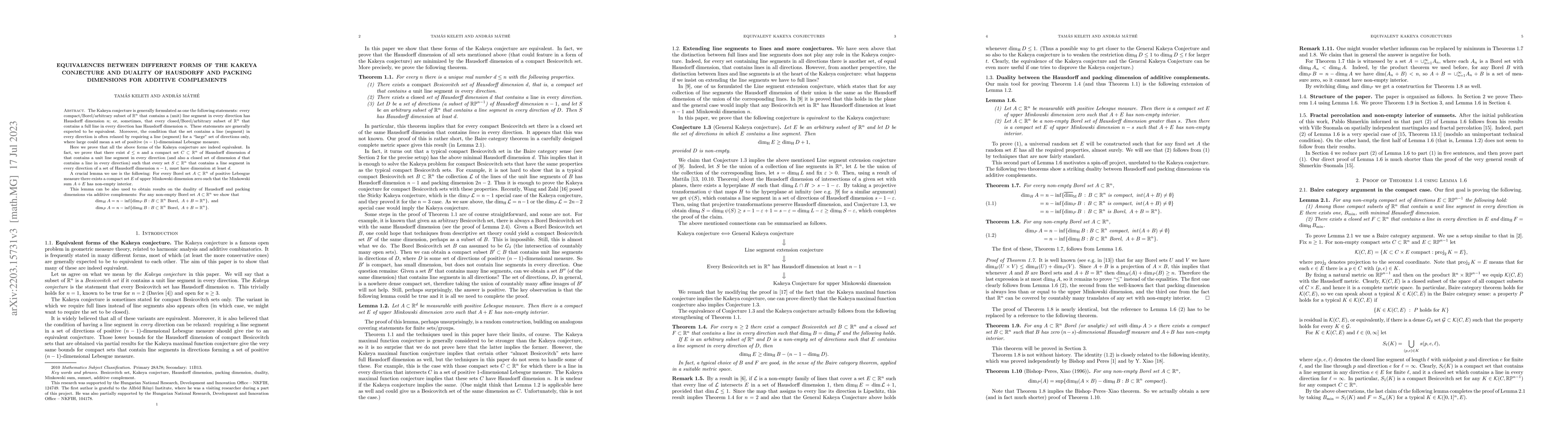 Thumbnail for Equivalences between different forms of the Kakeya conjecture and
  duality of Hausdorff and packing dimensions for additive complements