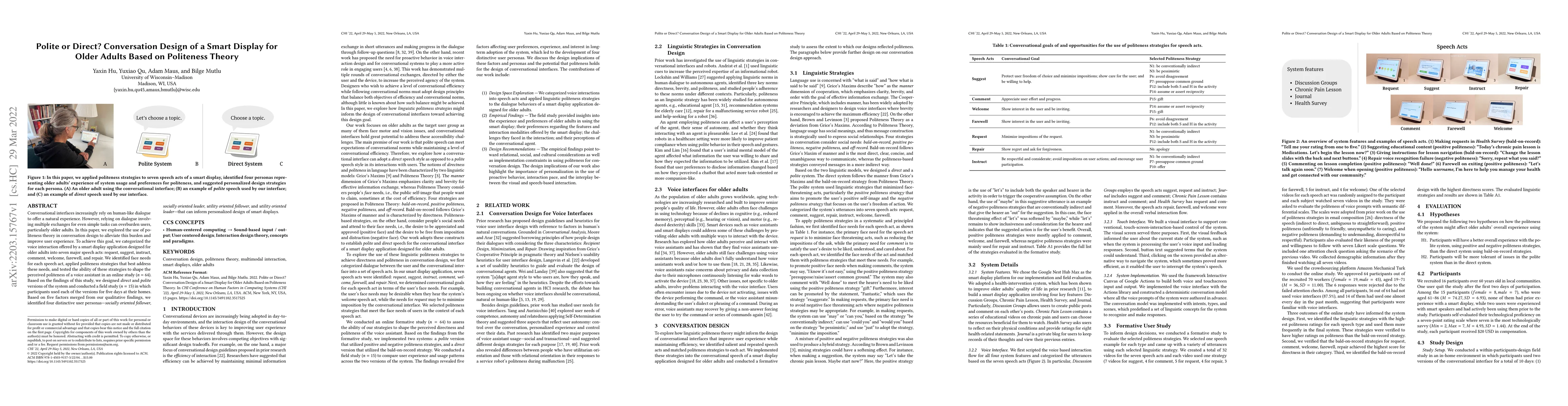 Thumbnail for Polite or Direct? Conversation Design of a Smart Display for Older
  Adults Based on Politeness Theory