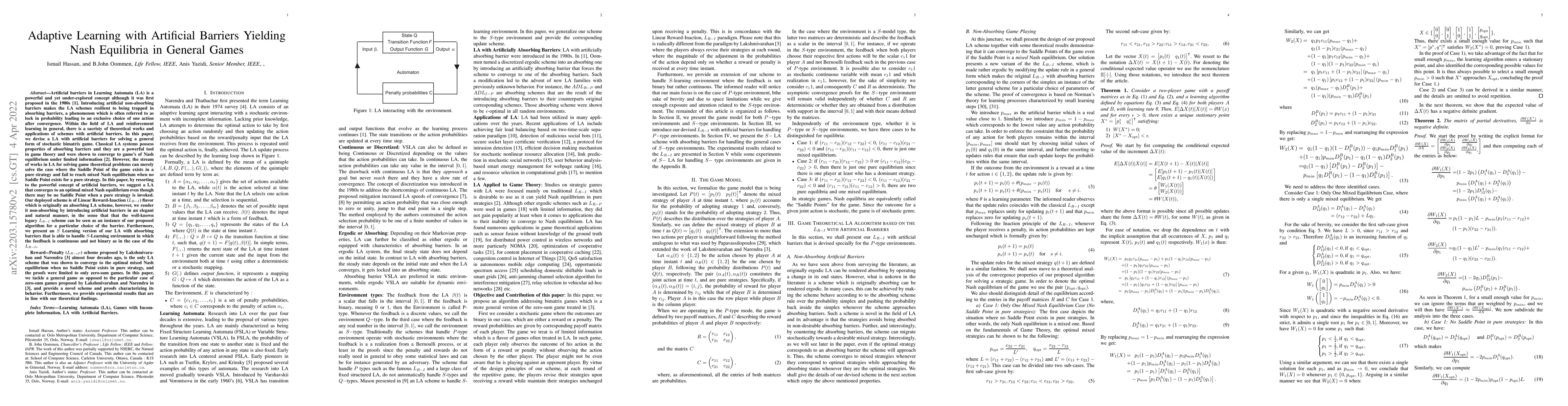 Thumbnail for Adaptive Learning with Artificial Barriers Yielding Nash Equilibria in
  General Games