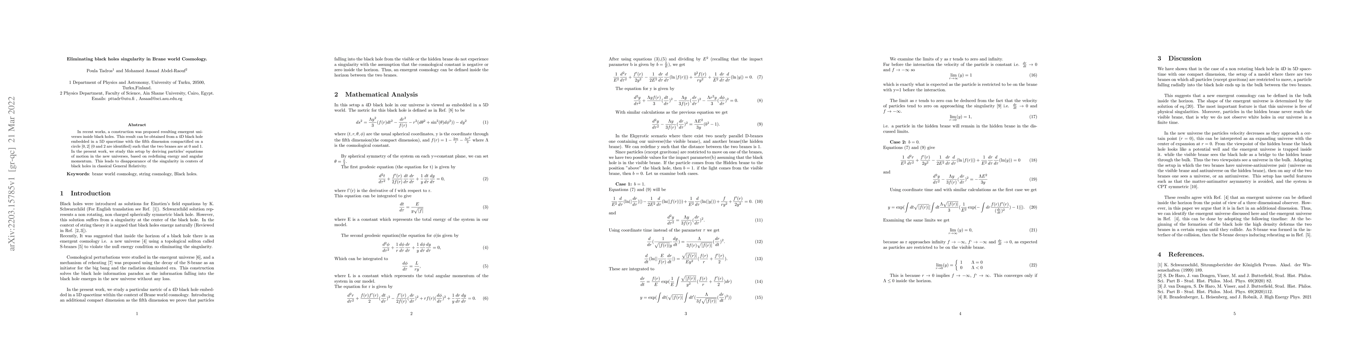 Thumbnail for Eliminating black holes singularity in Brane world Cosmology
