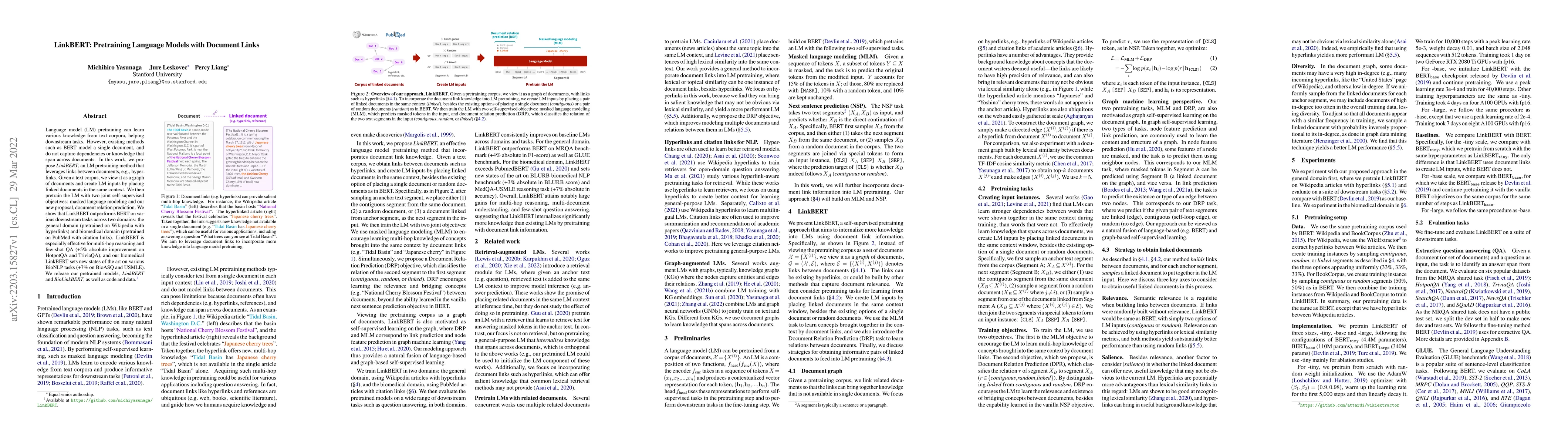 Thumbnail for LinkBERT: Pretraining Language Models with Document Links